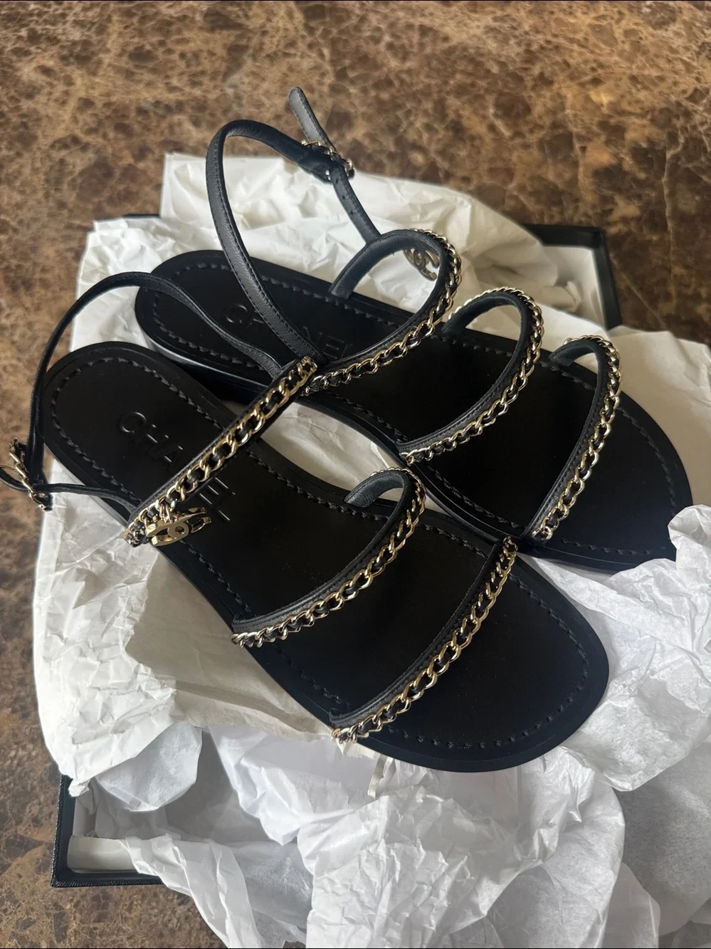 Chanel black leather gold chain sandals flats charms sz 38